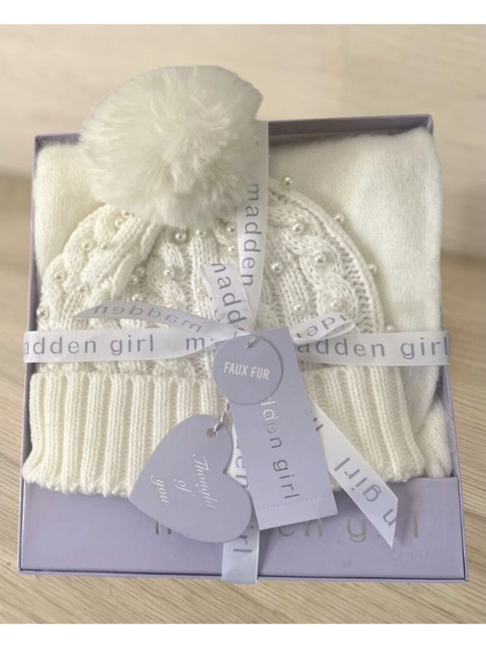 Madden Girl Juniors Soft Scarf & Cable Knit Beanie Hat Boxed Set